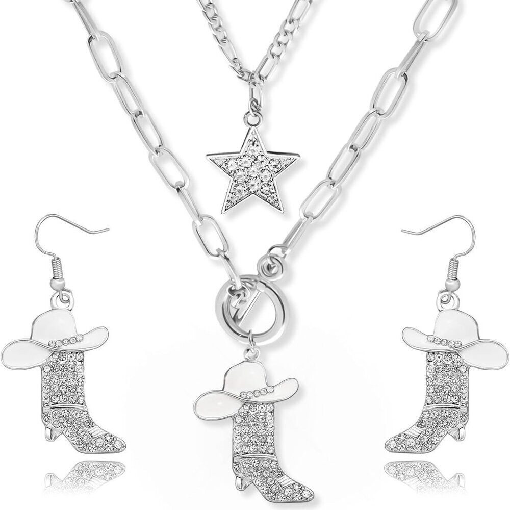 Cowgirl Jewelry Set Silver Rhinestone Western Necklace Earrings Women
